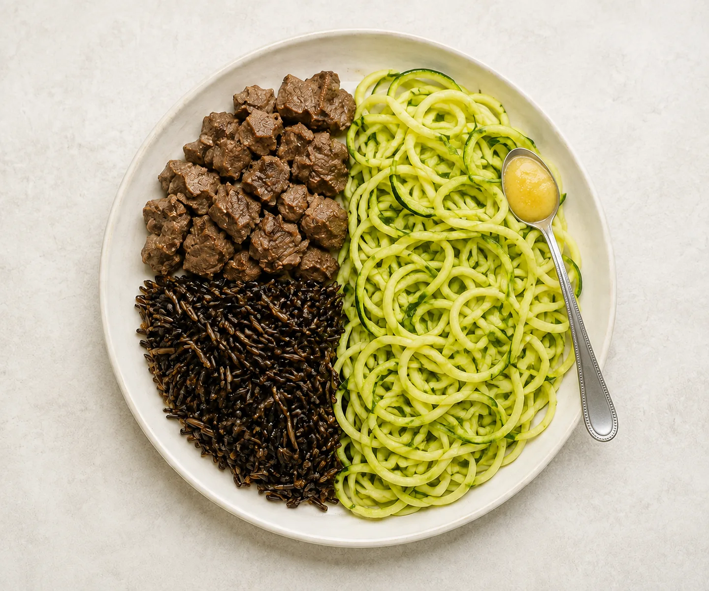 АИП-тарелка с бараниной, диким рисом, спагетти из кабачка и соусом