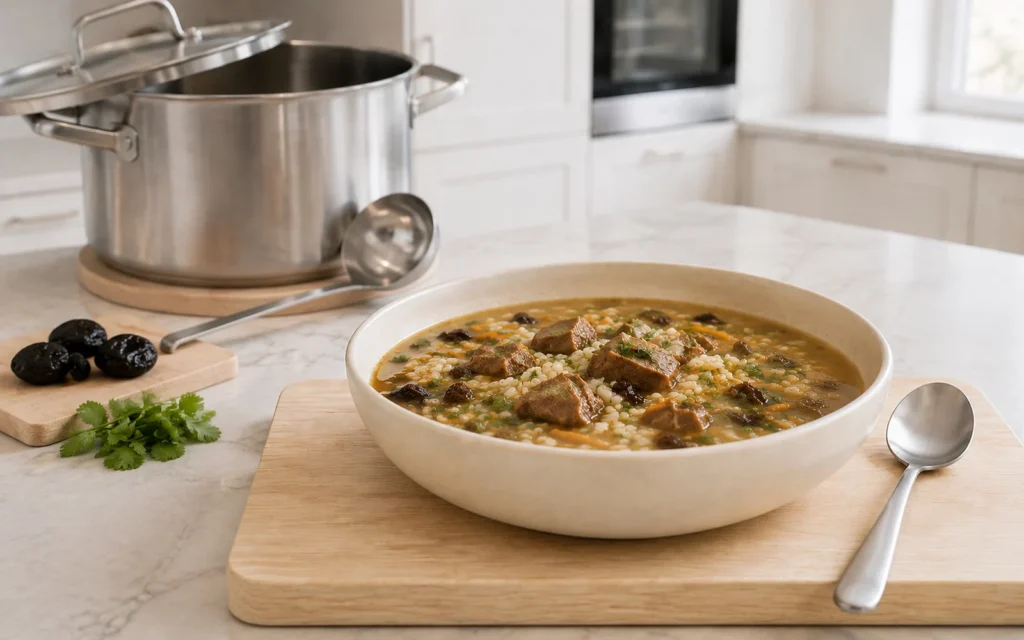Тарелка супа с говядиной, рисом, черносливом и кинзой
