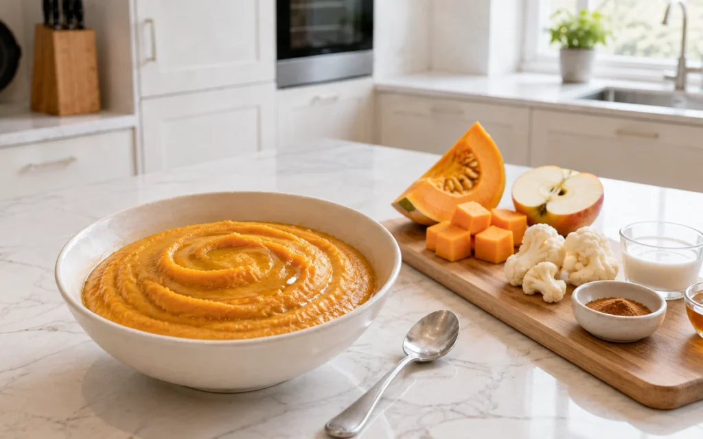 Тыквенная каша рядом с тыквой, яблоком, цветной капустой и корицей