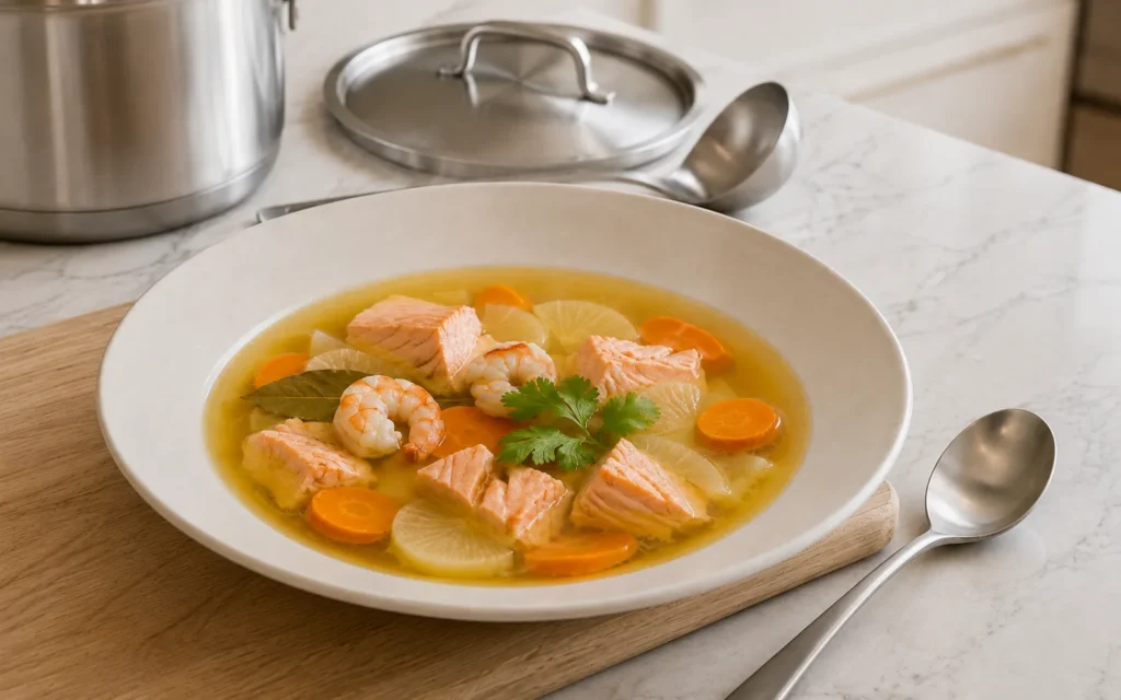Уха с рыбой, креветками и овощами на кухонном столе