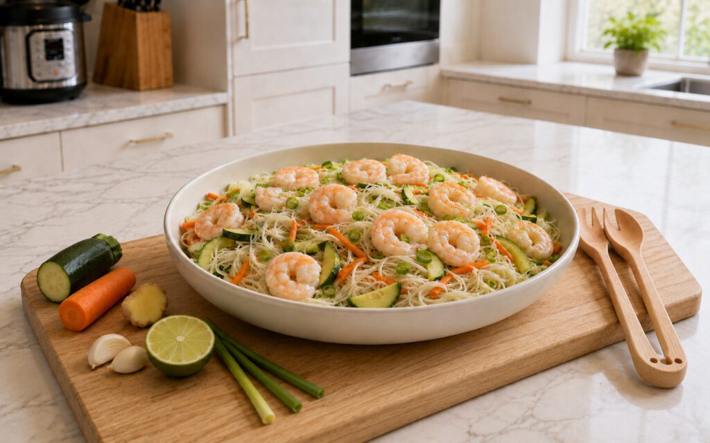 Креветки с рисовой лапшой, кабачком, морковью и зелёным луком