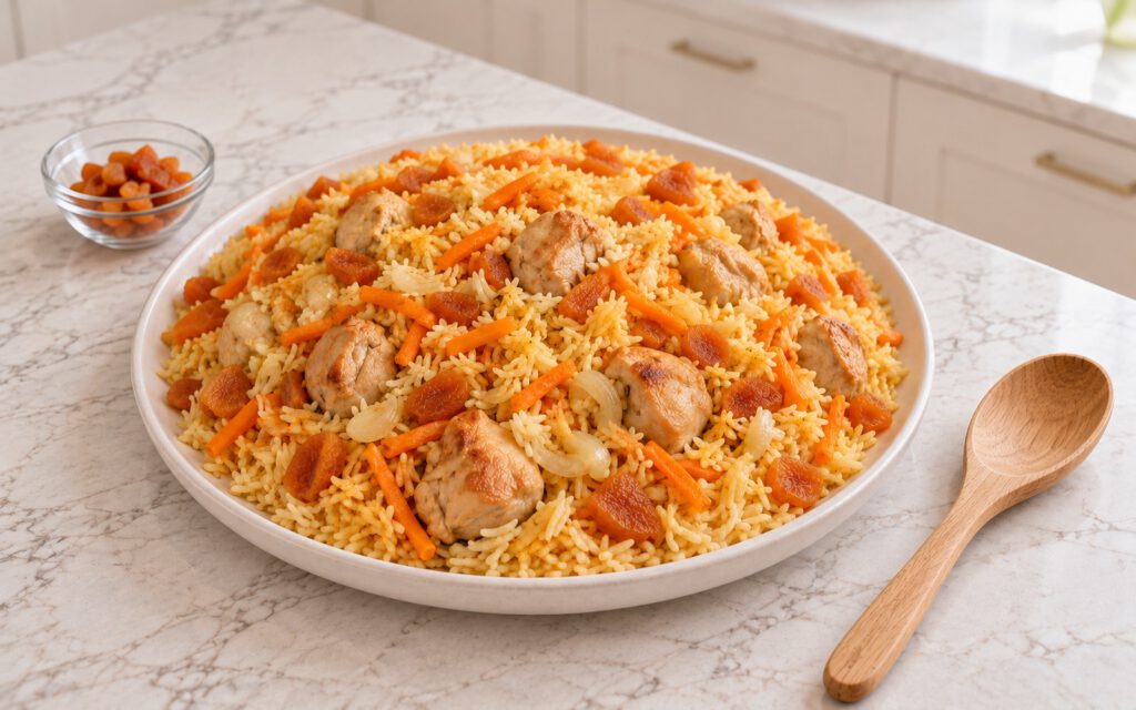 Куриный плов с рисом, морковью, луком и курагой