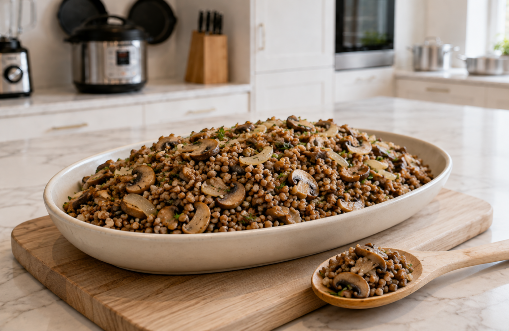 Рассыпчатая гречка с шампиньонами, луком и зеленью