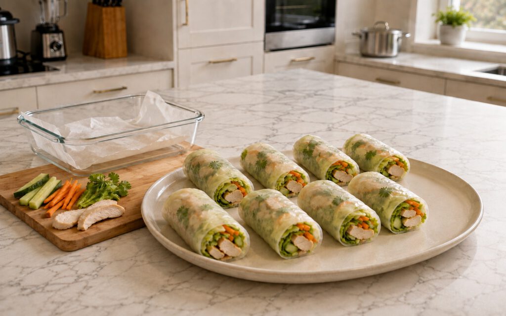 Рисовые рулетики с курицей, огурцами, морковью и зеленью