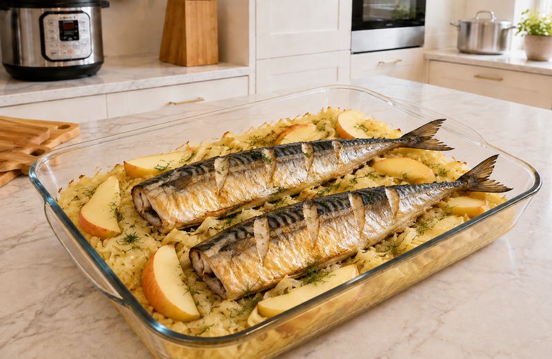 Скумбрия с яблоком и тушёной капустой