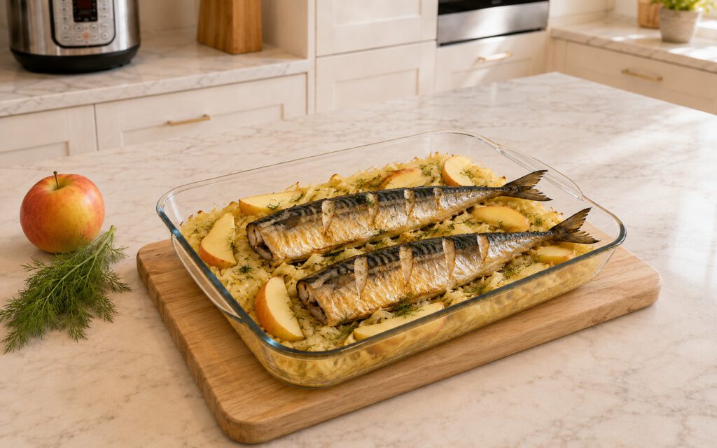 Запечённая скумбрия с яблоками и тушёной капустой