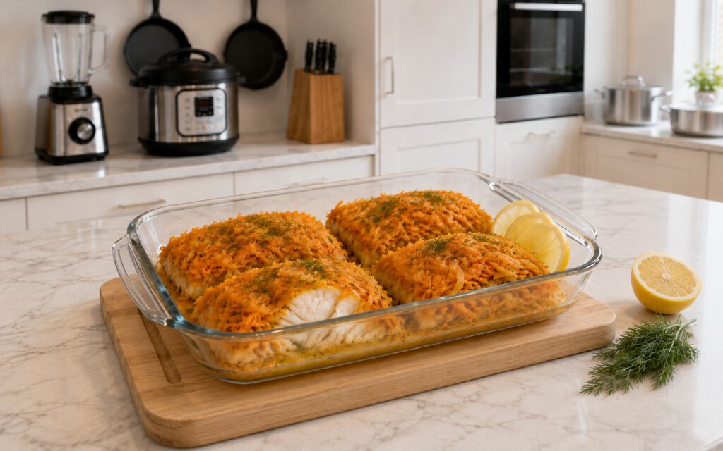 Запечённая треска под морковью и луком с лимоном и зеленью